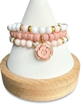 Moku: Pua Kai Bracelet Trio - Genuine Pink Coral and glass beads with charm 7”